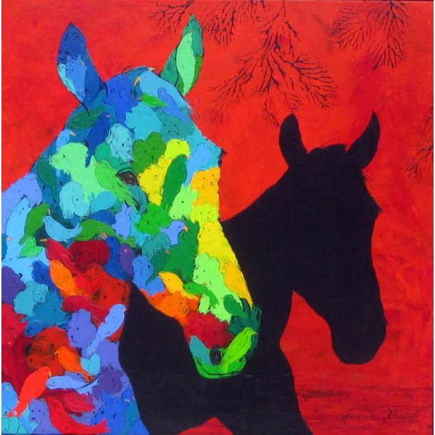 SOLGT Et hestehoved foran 70x70 - find de mange skjulte dyr i maleriet